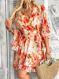 Devine Printed Surplice Ruffled 3/4 Sleeve Mini Dress - Hovatok