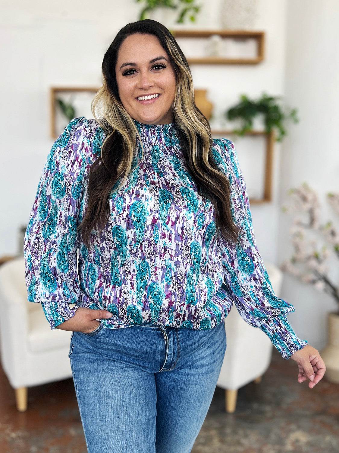 Double Take Full Size Printed Smocked Long Sleeve Blouse - Hovatok