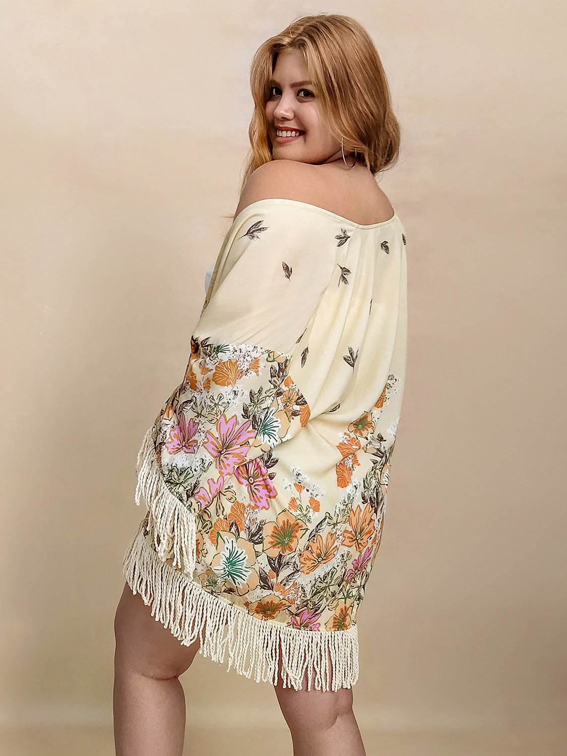 Plus Size Fringe Printed Open Front Cardigan - Hovatok