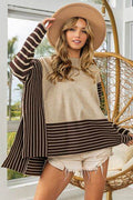 BiBi Striped Contrast Long Sleeve Slit Top - Hovatok