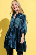 And The Why Fringe Detailed Velvet Shirt Dress - Hovatok