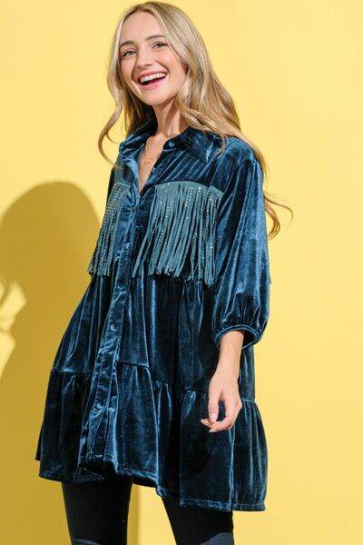 And The Why Fringe Detailed Velvet Shirt Dress - Hovatok