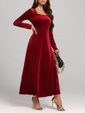 Square Neck Long Sleeve Velvet Dress - Hovatok