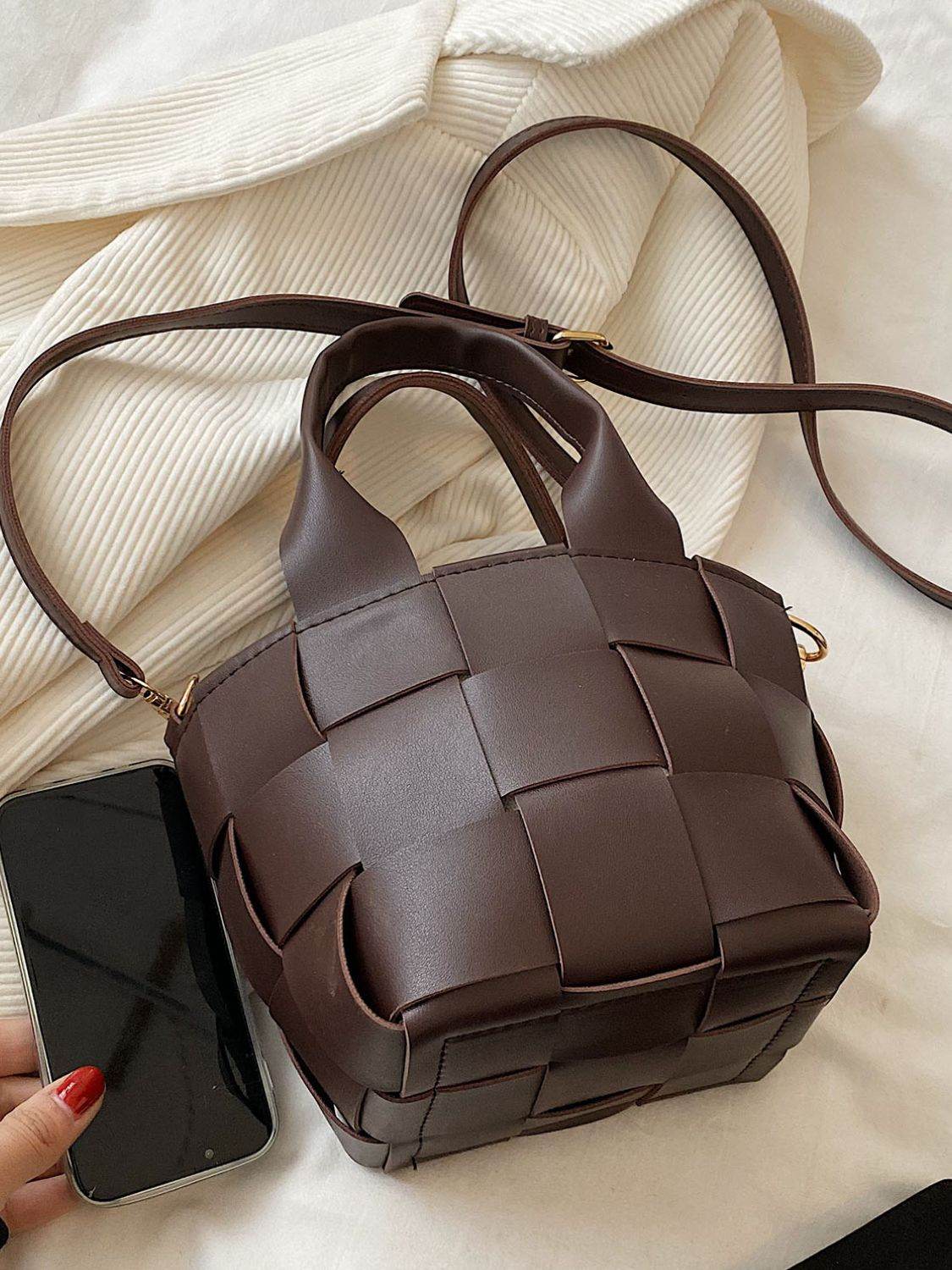 PU Leather Braided Bucket Bag - Hovatok