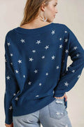 Umgee Full Size Star V-Neck Long Sleeve Sweater Plus Size - Hovatok