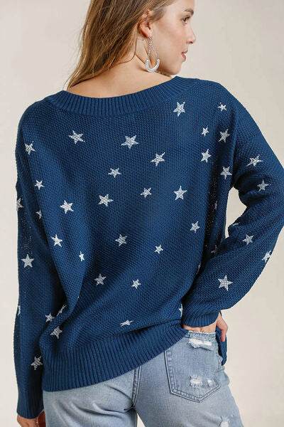 Umgee Full Size Star V-Neck Long Sleeve Sweater Plus Size - Hovatok