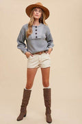 Annie Wear Half Button Ribbed Hem Sweater - Hovatok