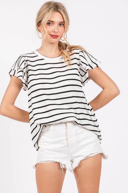 Ces Femme Ruffled Striped Round Neck Short Sleeve Blouse - Hovatok