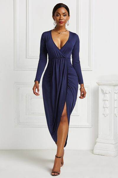 High-low Ruched Surplice Long Sleeve Dress - Hovatok