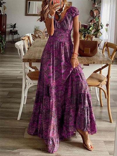 Full Size Smocked Printed V-Neck Short Sleeve Dress - Hovatok