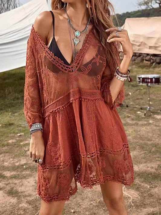 Lace Detail Plunge Cover-Up Dress - Hovatok