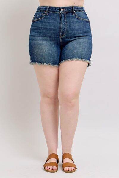 Judy Blue Tummy Control Fray Hem & Shield Back Pockets Denim Shorts - Hovatok