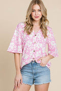 BOMBOM Floral Decorative Button V-Neck Top - Hovatok