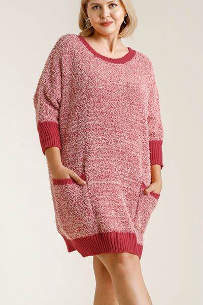 Umgee Full Size Ribbed Hem Round Neck 3/4 Sleeve Sweater Dress with Pockets Plus Size - Hovatok