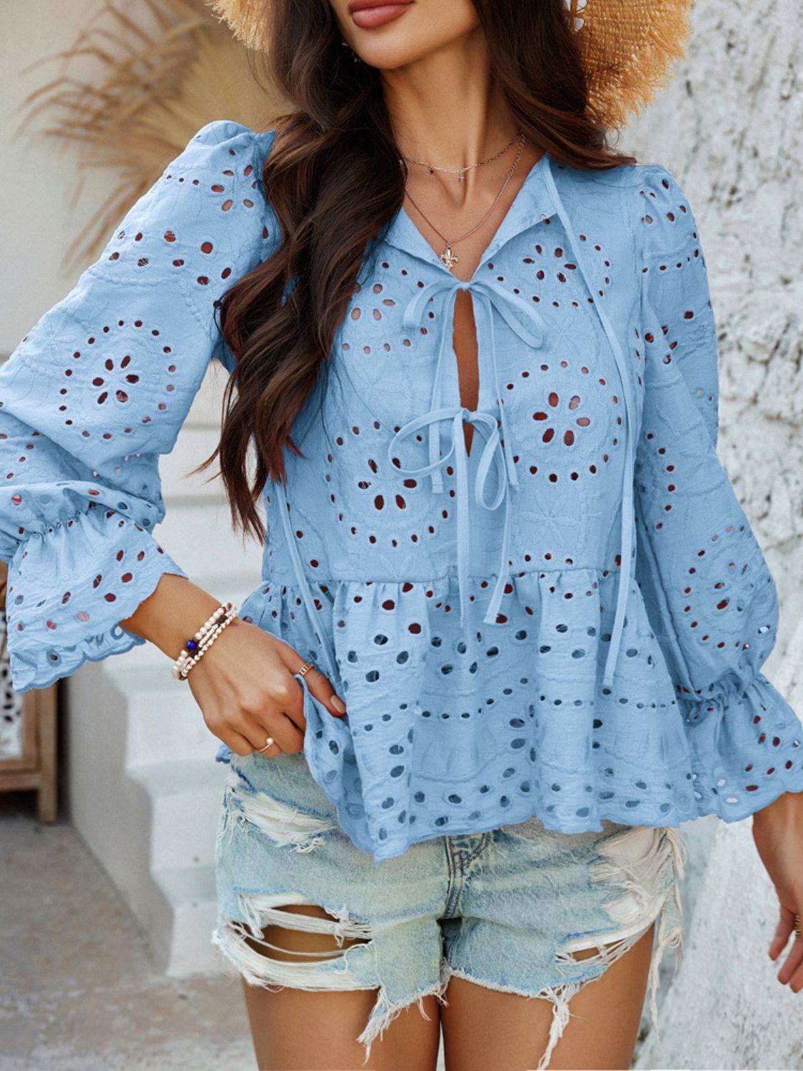 Devine Tie Front Flounce Sleeve Peplum Blouse - Hovatok