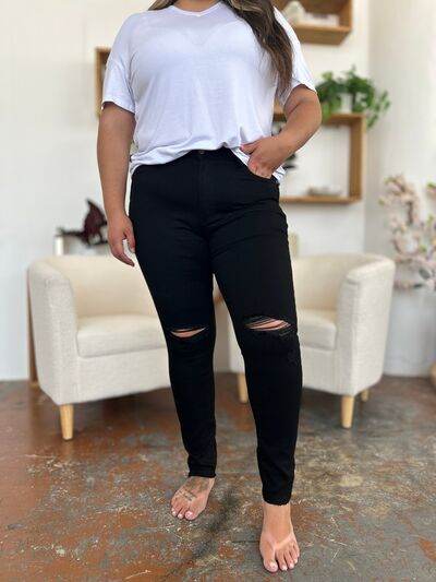 Judy Blue Full Size Distressed Tummy Control High Waist Skinny Jeans - Hovatok