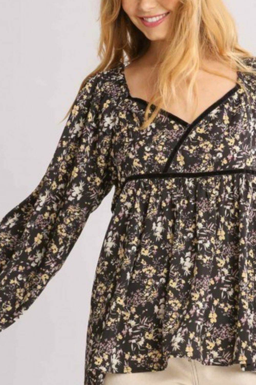 Umgee Full Size Floral Print Velvet Trimmed Balloon Sleeve Top Plus Size - Hovatok