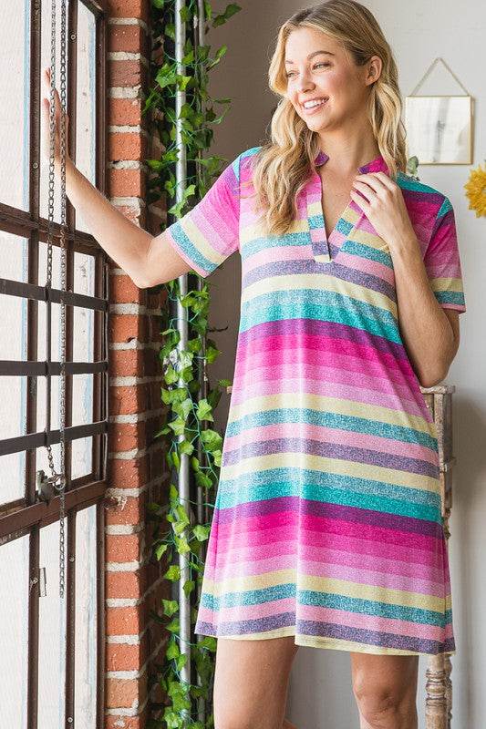 Heimish Full Size Striped Short Sleeve Mini Tee Dress Plus Size - Hovatok