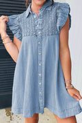 Smocked Collared Neck Cap Sleeve Denim Dress - Hovatok