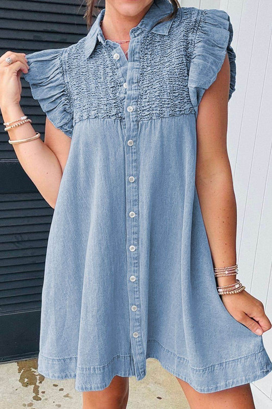 Smocked Collared Neck Cap Sleeve Denim Dress - Hovatok