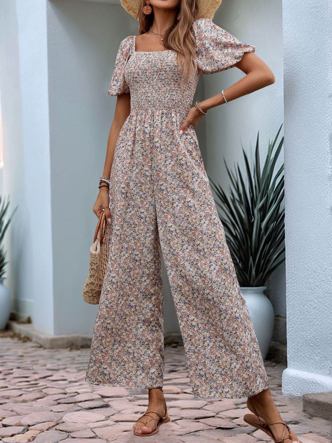 Perfee Ditsy Floral Smocked Square Neck Puff Sleeve Jumpsuit - Hovatok
