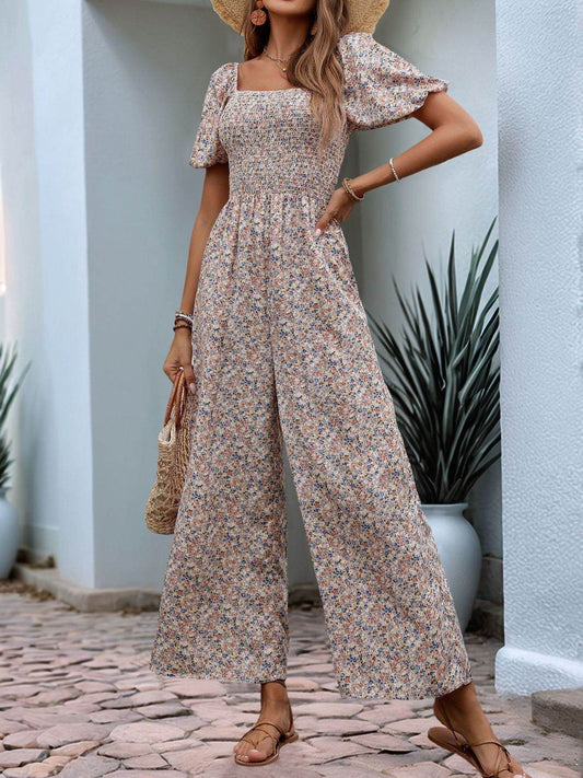 Perfee Ditsy Floral Smocked Square Neck Puff Sleeve Jumpsuit - Hovatok