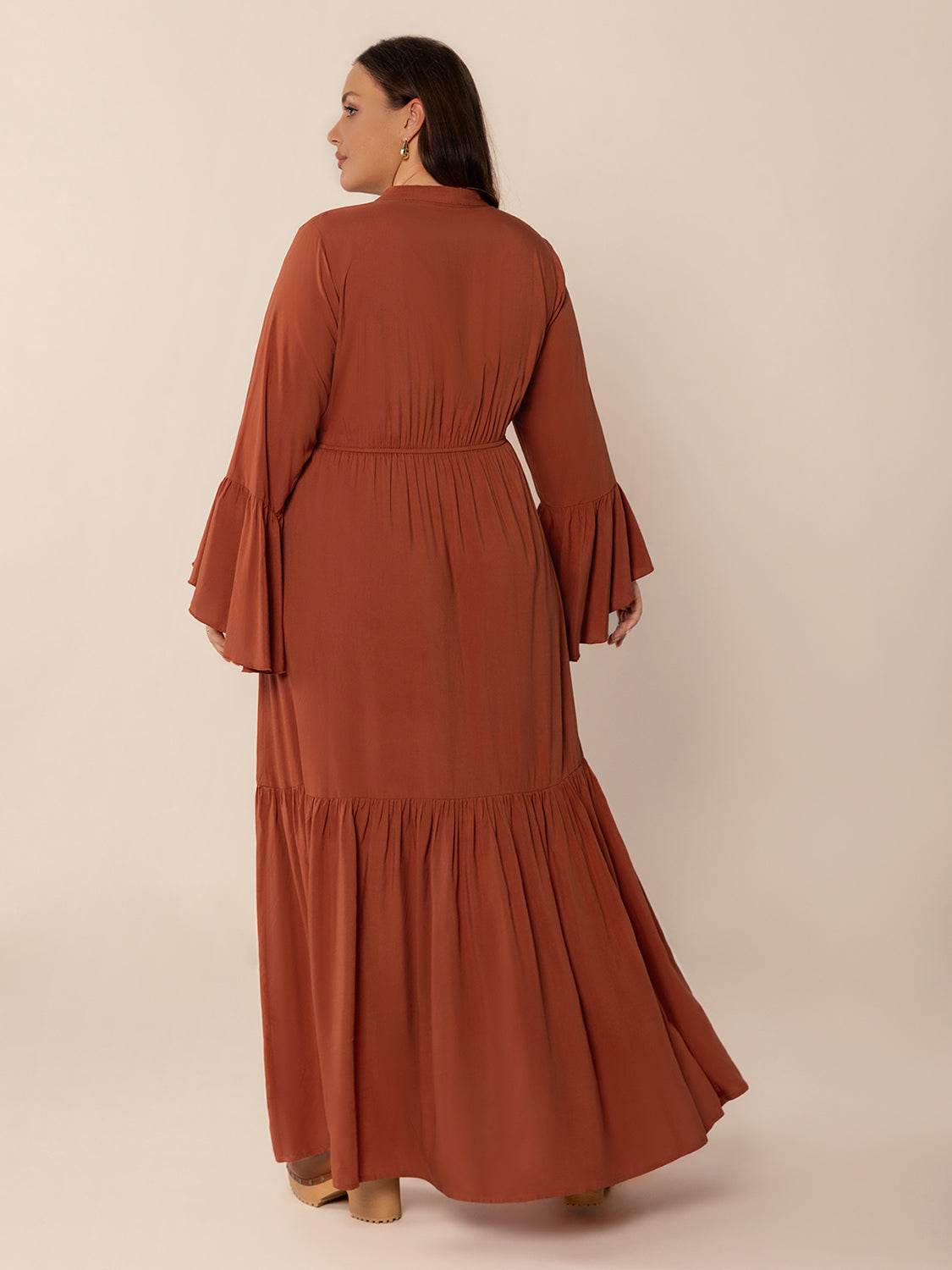 Plus Size Ruffled Notched Long Sleeve Midi Dress - Hovatok