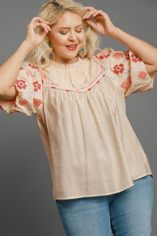 Umgee Full Size Embroidered Puff Sleeve Mock Neck Top Plus Size - Hovatok