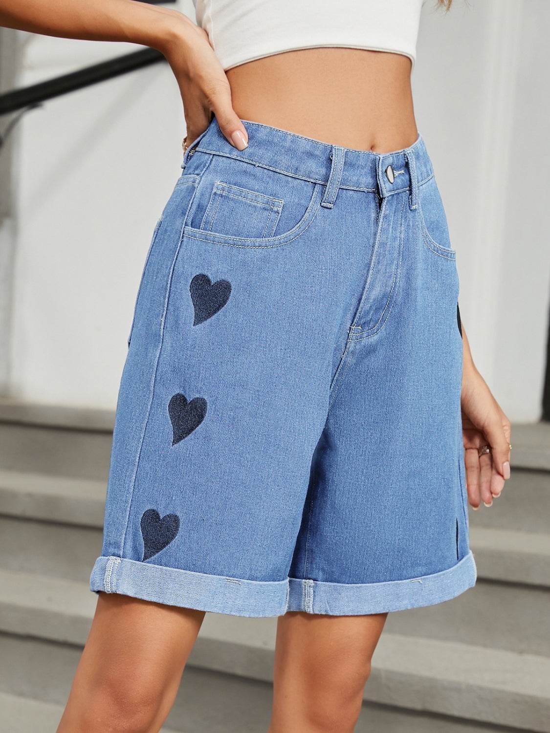Heart-Pattern Rolled Hem Denim Shorts - Hovatok