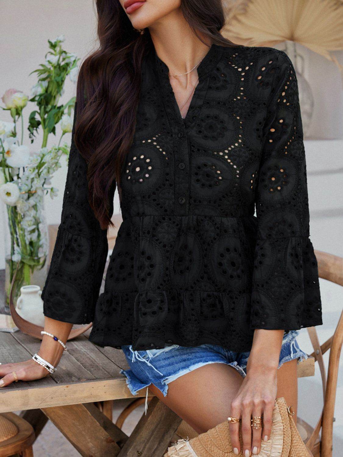 Devine Half Button Flounce Sleeve Peplum Blouse - Hovatok