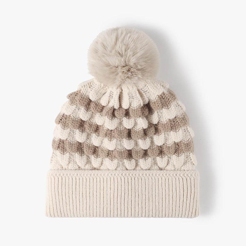 Striped Contrast Knit Hat with Pom-pom - Hovatok