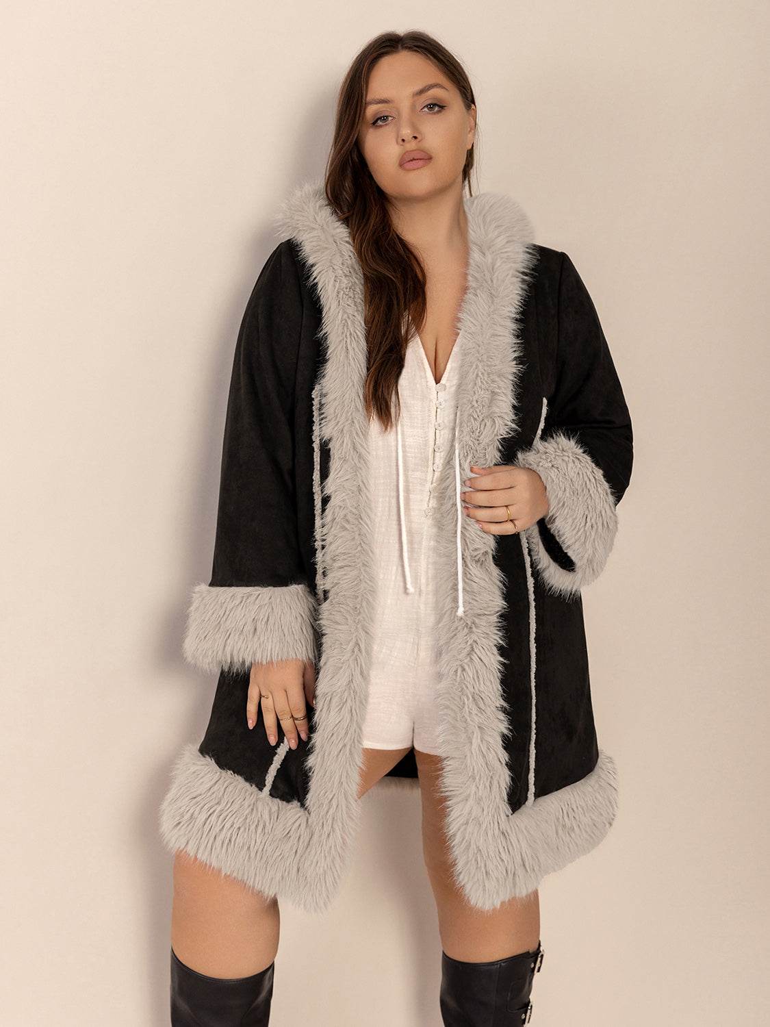 Plus Size Fuzzy Trim Open Front Long Sleeve Hooded Coat - Hovatok