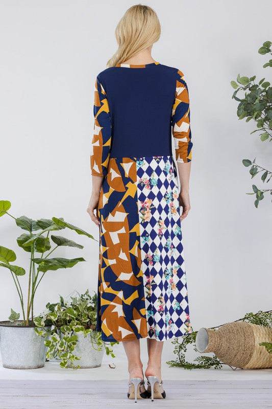 Celeste Full Size Multi Pattern Front Tie Midi Dress Plus Size - Hovatok