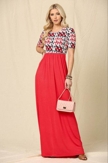 Celeste Full Size Houndstooth Round Neck Short Sleeve Maxi Dress Plus Size - Hovatok