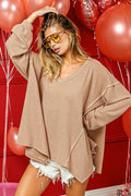 BiBi V-Neck Waffle Uneven Hem Top - Hovatok