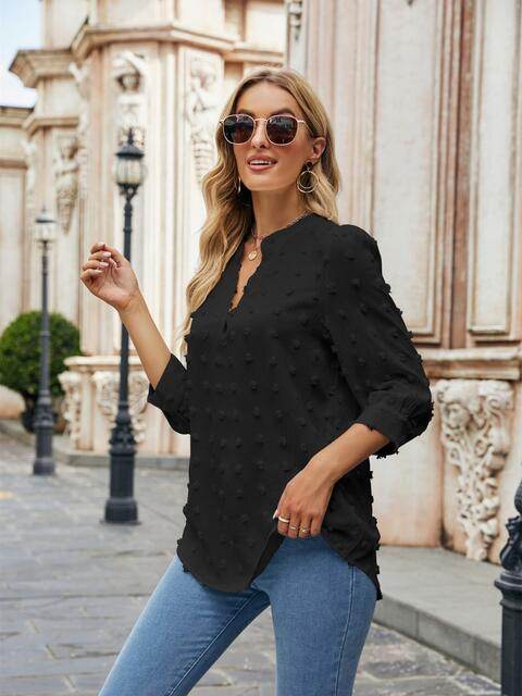 Swiss Dot Notched Neck Blouse - Hovatok