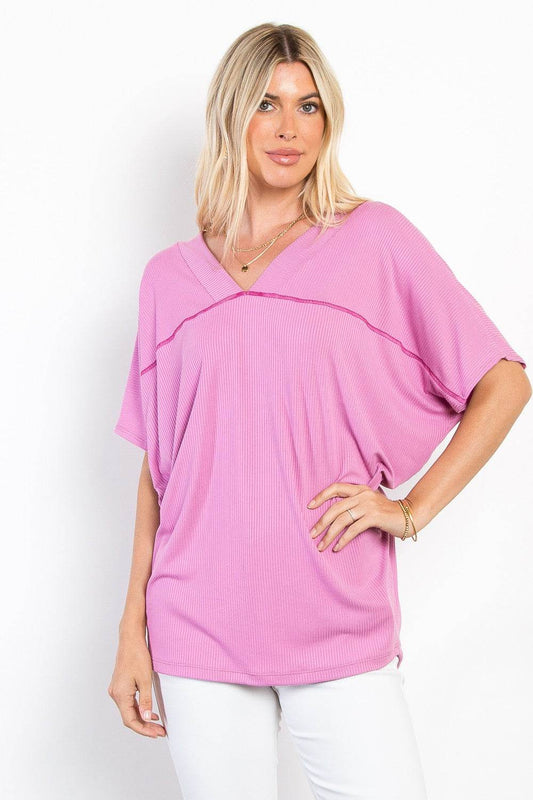 Be Stage Full Size V-Neck Short Sleeve Ribbed Top - Hovatok