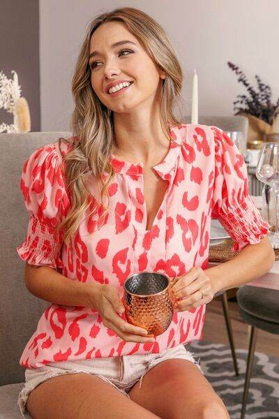 BiBi Leopard Smocked Short Sleeve Blouse - Hovatok