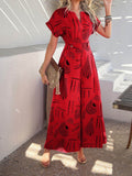 Devine Printed Notched Short Sleeve Wide Leg Jumpsuit - Hovatok