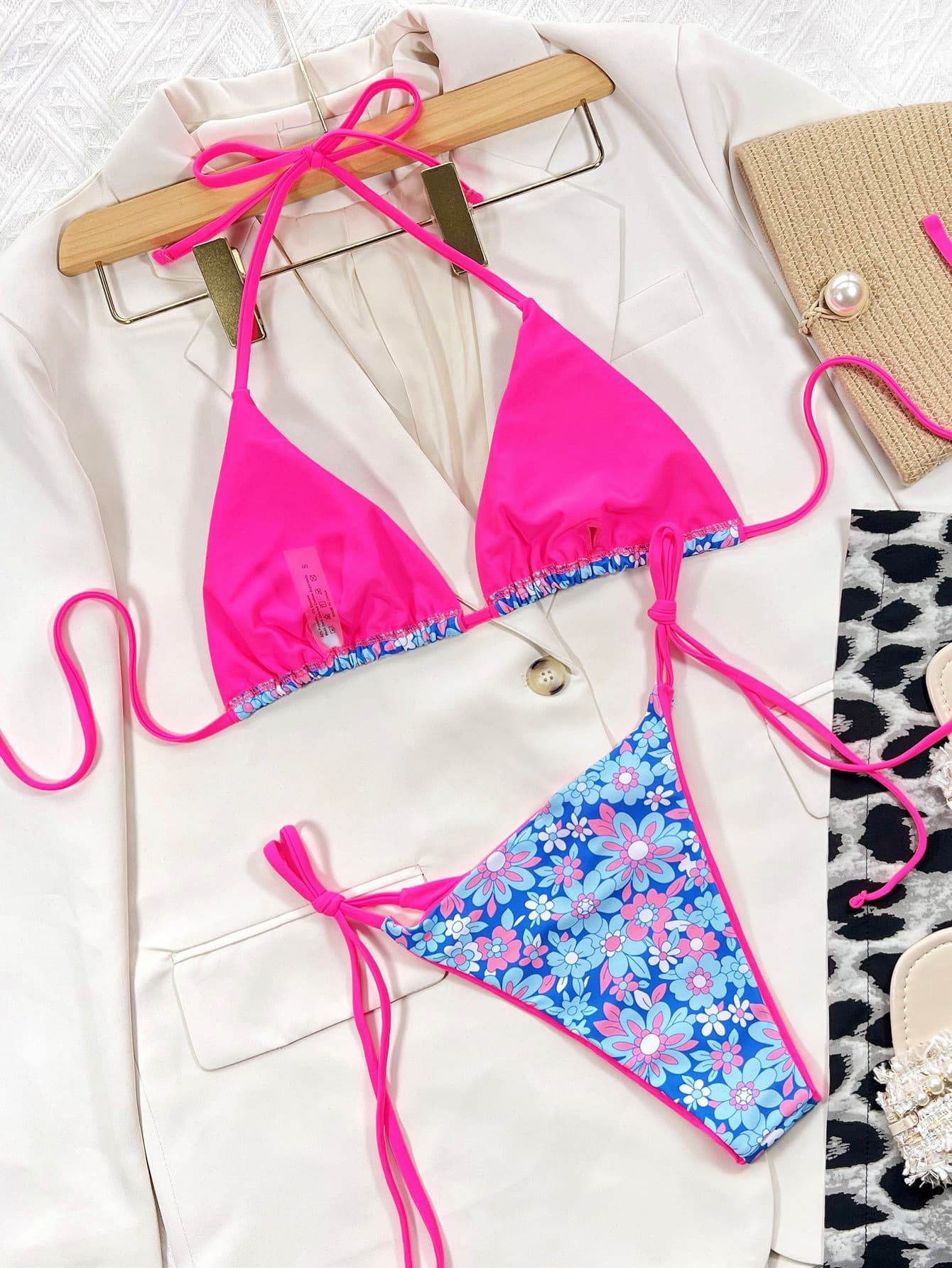 Floral Halter Neck Tie Side Bikini Set - Hovatok