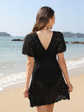 Openwork Plunge Short Sleeve Cover-Up Dress - Hovatok