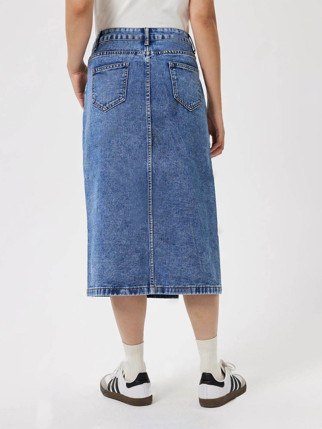 Slit Midi Denim Skirt with Pockets - Hovatok