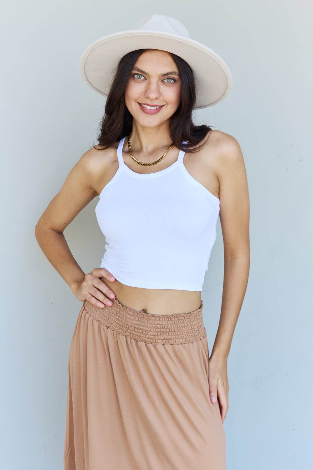 Doublju Comfort Princess Full Size High Waist Scoop Hem Maxi Skirt in Tan - Hovatok