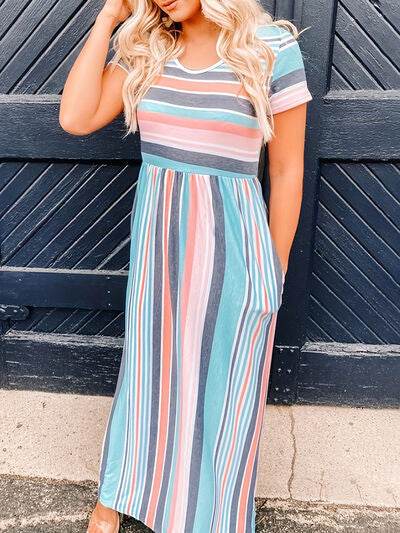 Full Size Striped Round Neck Short Sleeve Dress - Hovatok