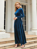 Tie Front Round Neck Long Sleeve Maxi Dress - Hovatok