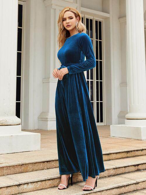 Tie Front Round Neck Long Sleeve Maxi Dress - Hovatok
