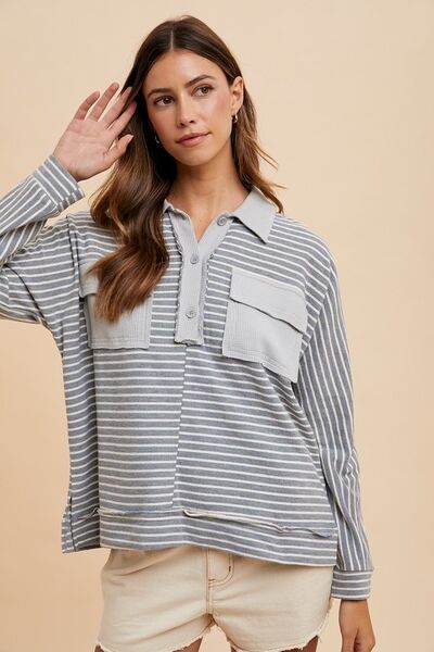 Annie Wear Striped Button Detail Long Sleeve Polo Top - Hovatok
