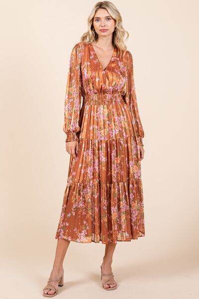 Mittoshop Flower Print Satin Lurex Stripe Smocked Midi Dress - Hovatok