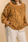 Umgee Full Size Animal Print Round Neck Distressed Detail Sweater Plus Size - Hovatok