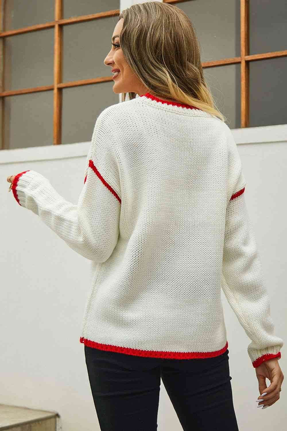 Angel Wings Round Neck Long Sleeve Waffle-Knit Sweater - Hovatok